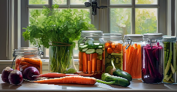A kitchen table displaying colorful pickled vegetables in glass jars, with herbs and spices around, illuminated by soft light.