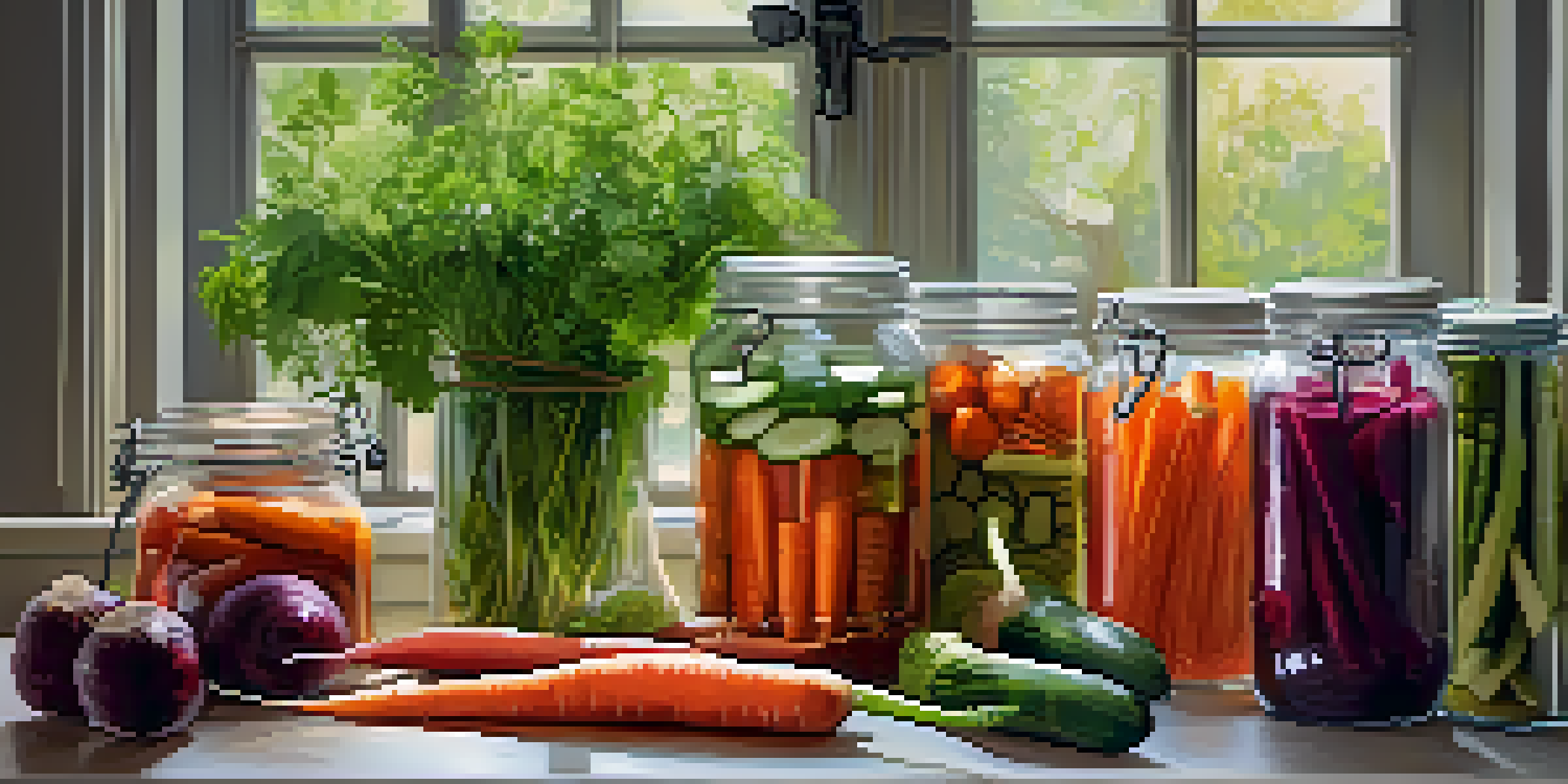 A kitchen table displaying colorful pickled vegetables in glass jars, with herbs and spices around, illuminated by soft light.