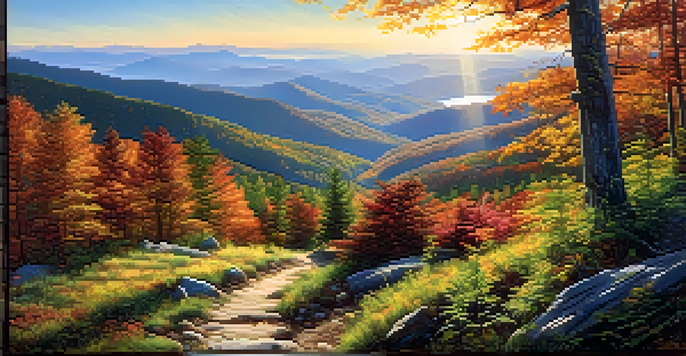 A scenic view of the Appalachian Trail with a winding path through colorful autumn trees and distant mountains.