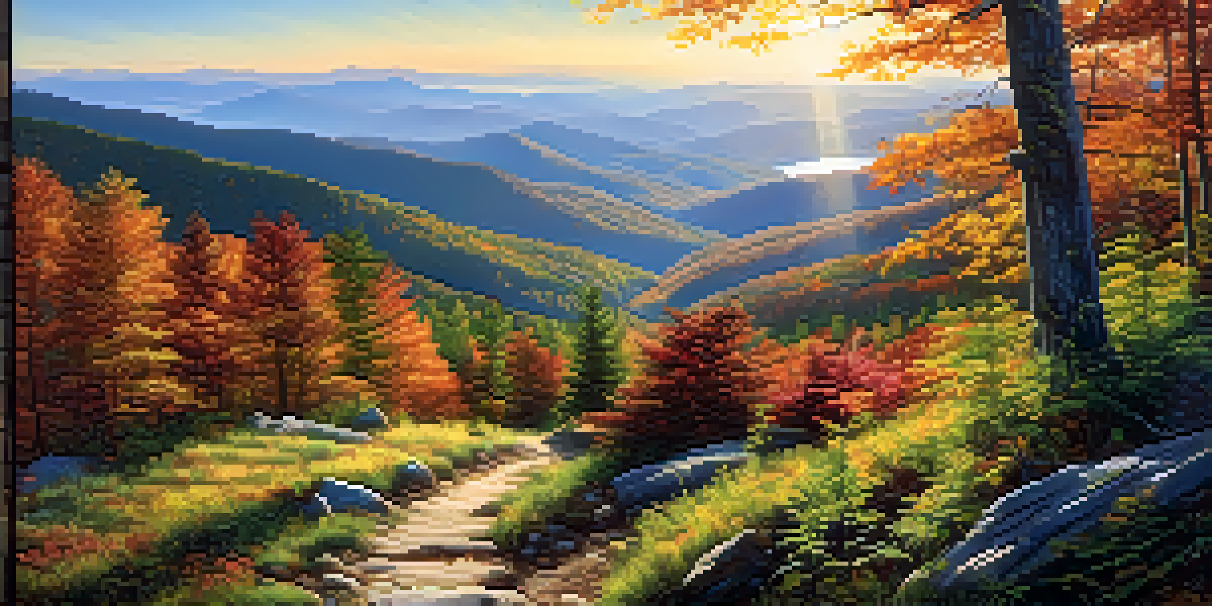 A scenic view of the Appalachian Trail with a winding path through colorful autumn trees and distant mountains.