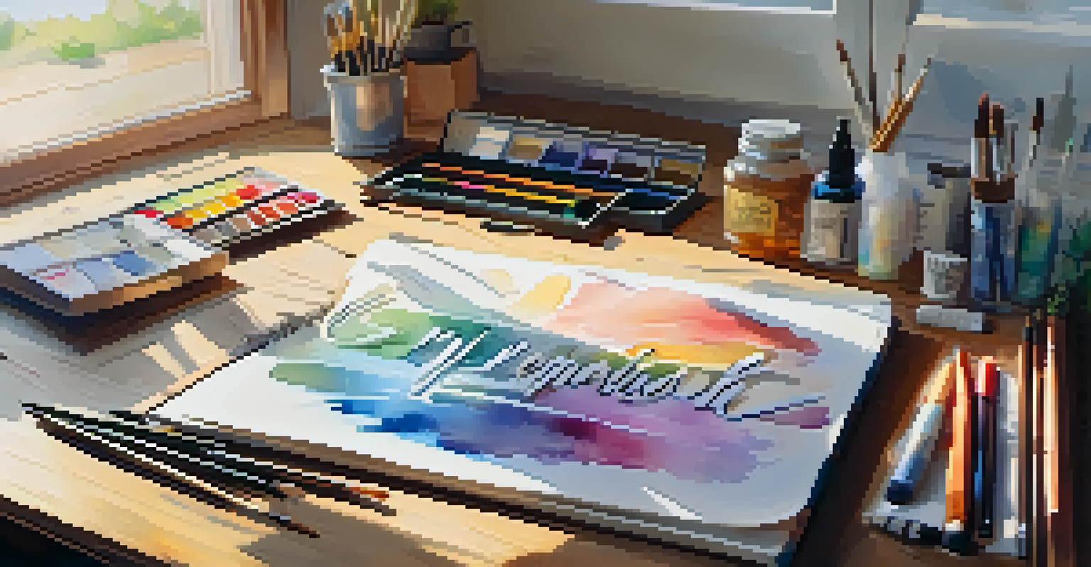 An artistic workspace with brush lettering tools on a wooden table, including brush pens, a watercolor palette, and a sketchbook with colorful lettering.