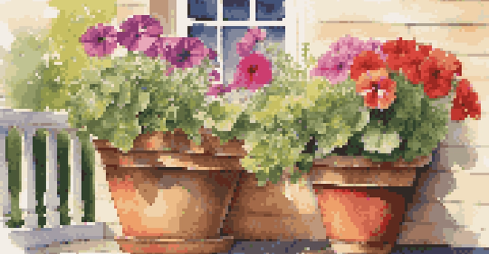 A sunny balcony filled with colorful flowers and green herbs in containers, arranged beautifully in a vibrant garden setting.