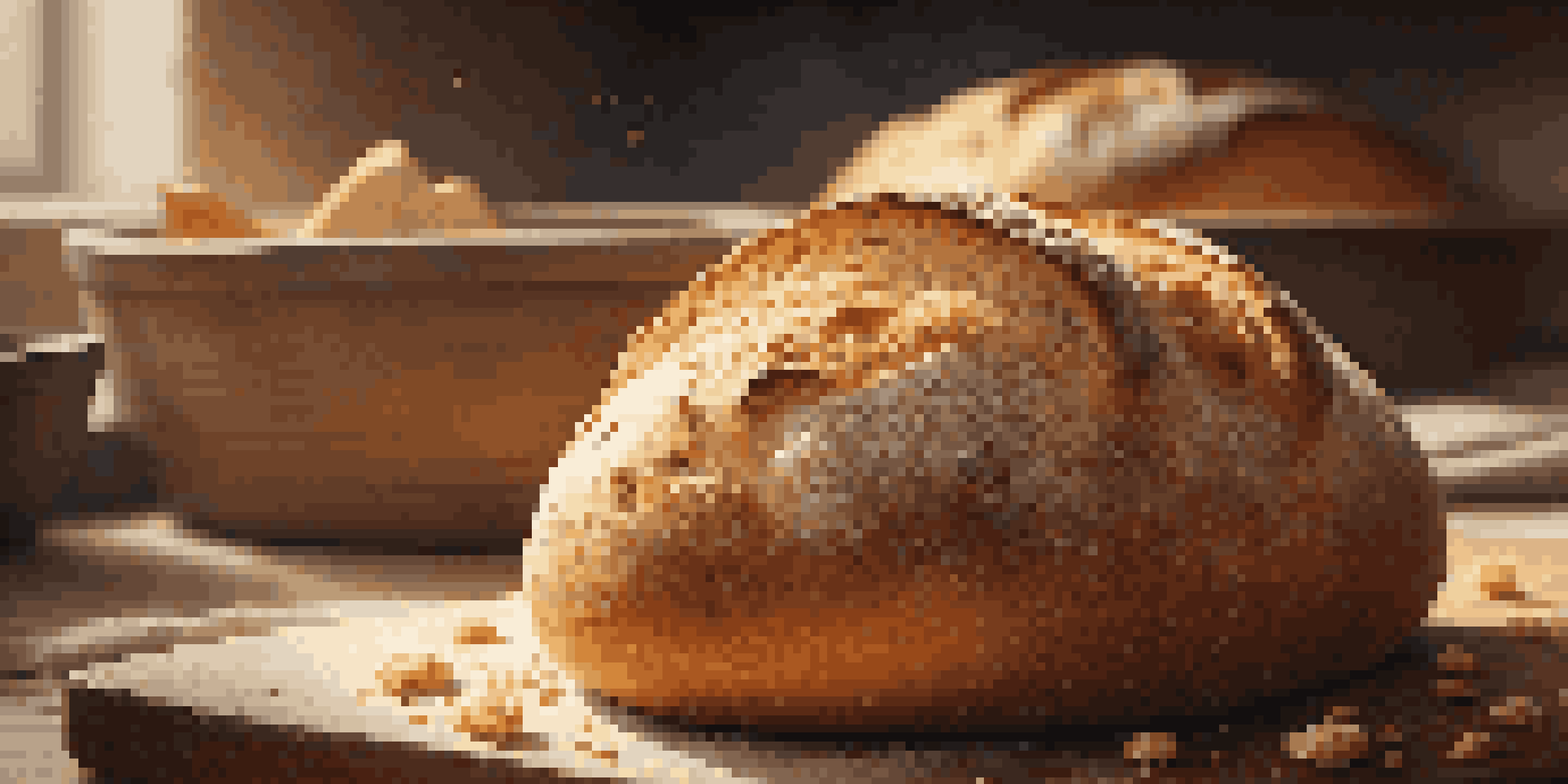 A close-up of freshly baked artisan bread on a wooden cutting board, highlighting its golden crust and crumbs.