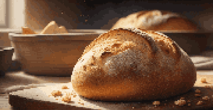 A close-up of freshly baked artisan bread on a wooden cutting board, highlighting its golden crust and crumbs.