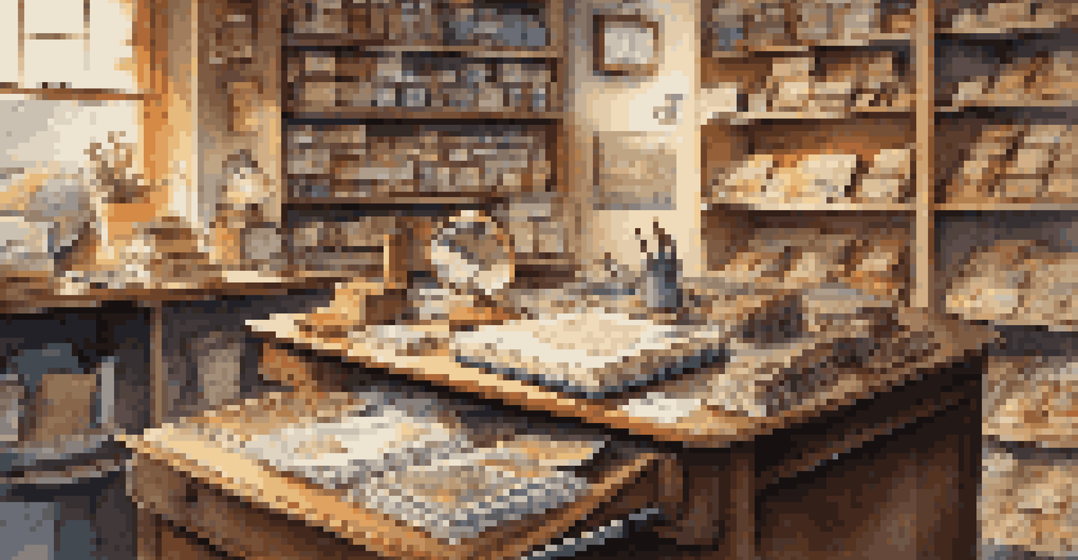 A stamp collector's workspace with tools like a magnifying glass and notebooks, surrounded by stamp albums and a globe.