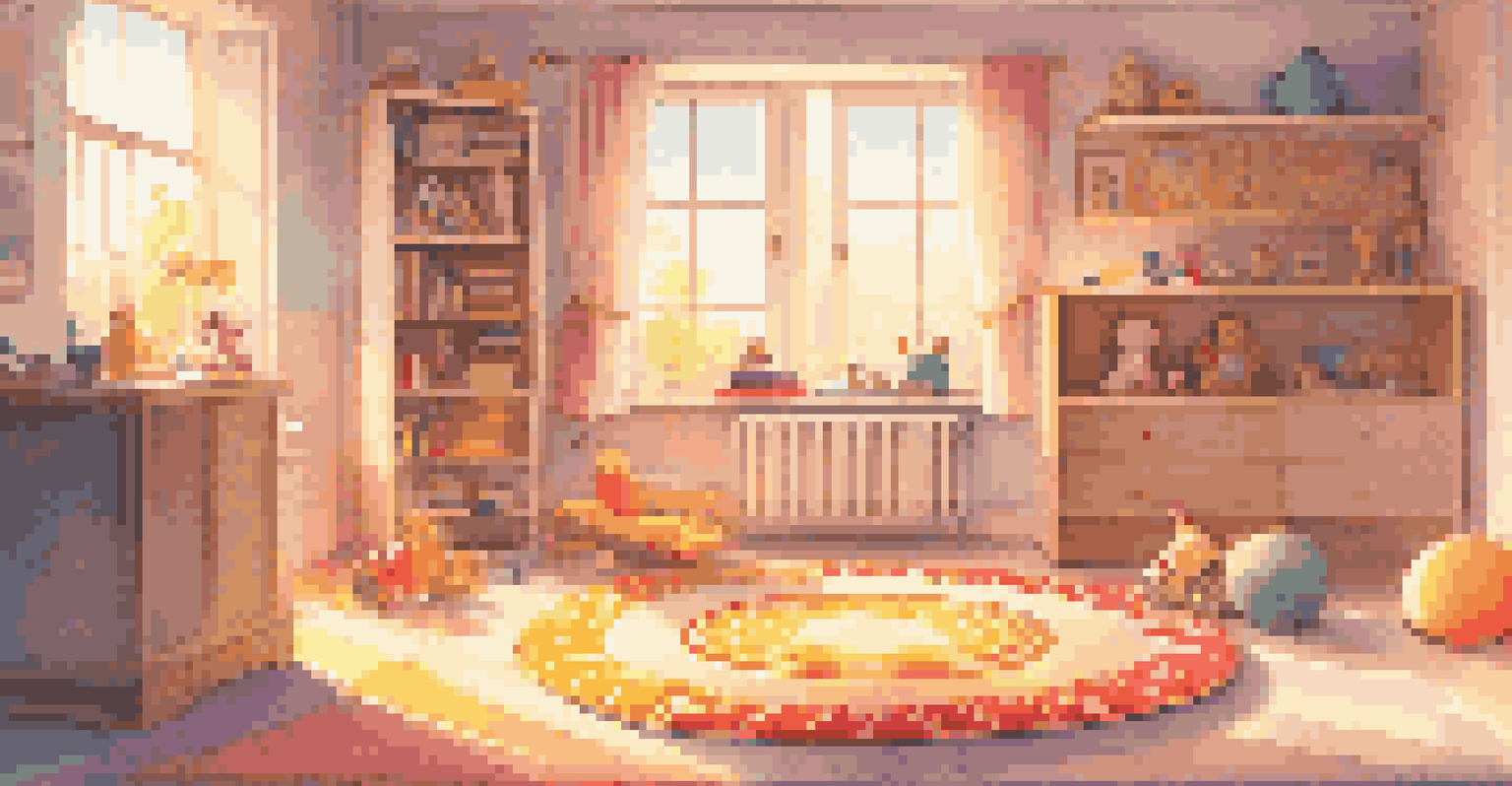 A cozy children's room with a sun-shaped rug, pastel colors, and toys scattered around, illuminated by sunlight.