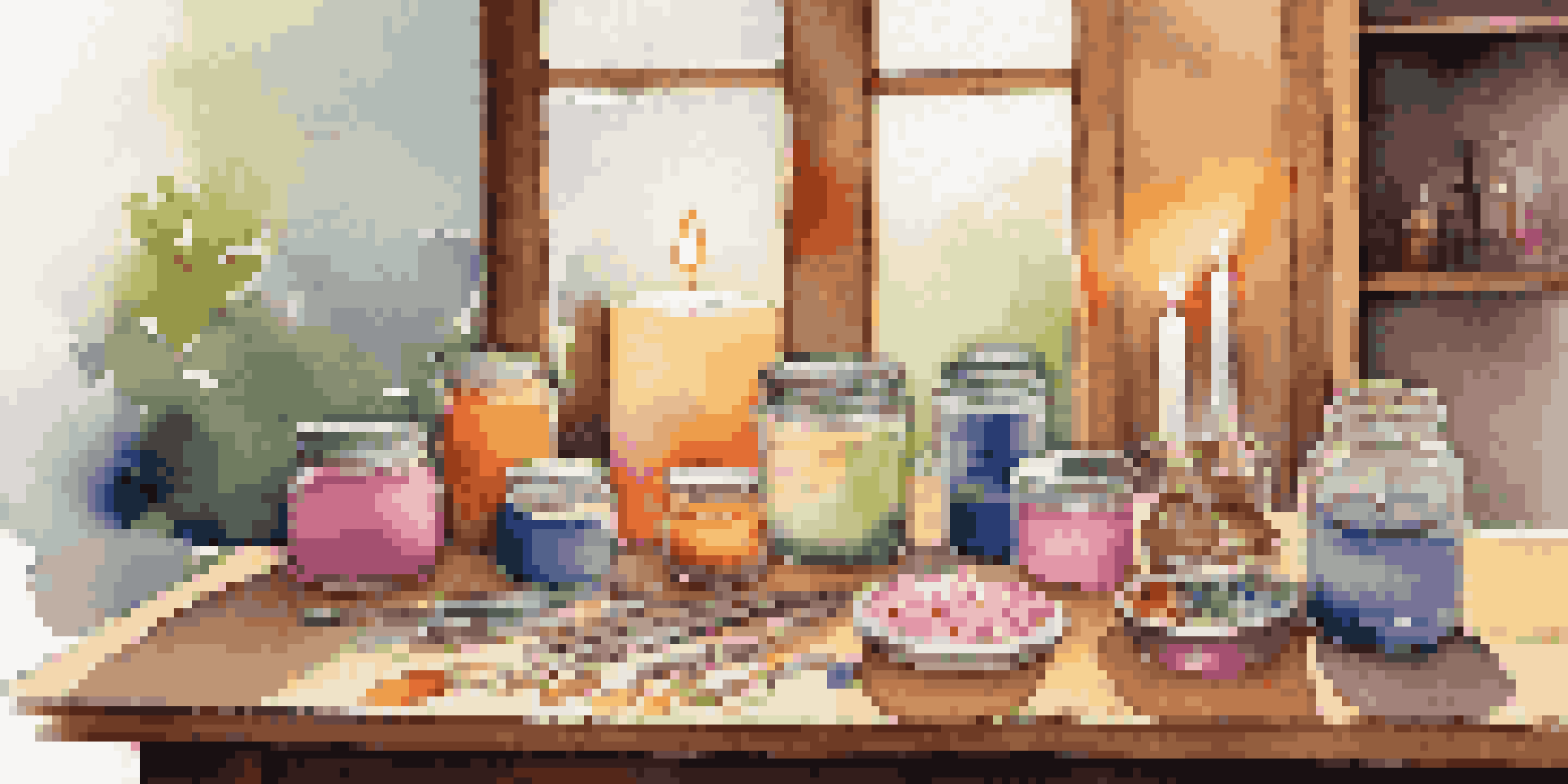 A candle-making setup with colorful wax blocks and essential oils on a wooden table, illuminated by soft natural light.