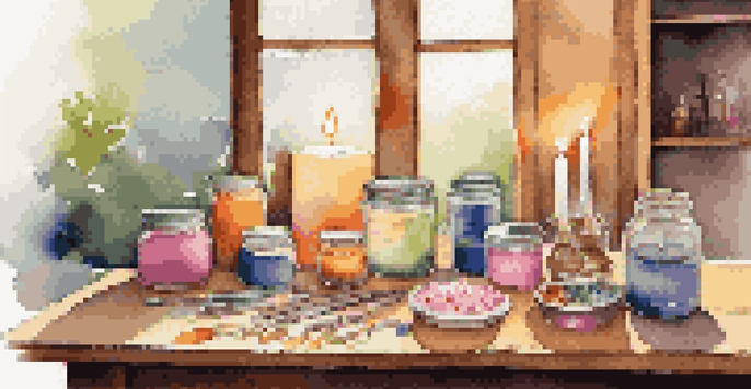 A candle-making setup with colorful wax blocks and essential oils on a wooden table, illuminated by soft natural light.