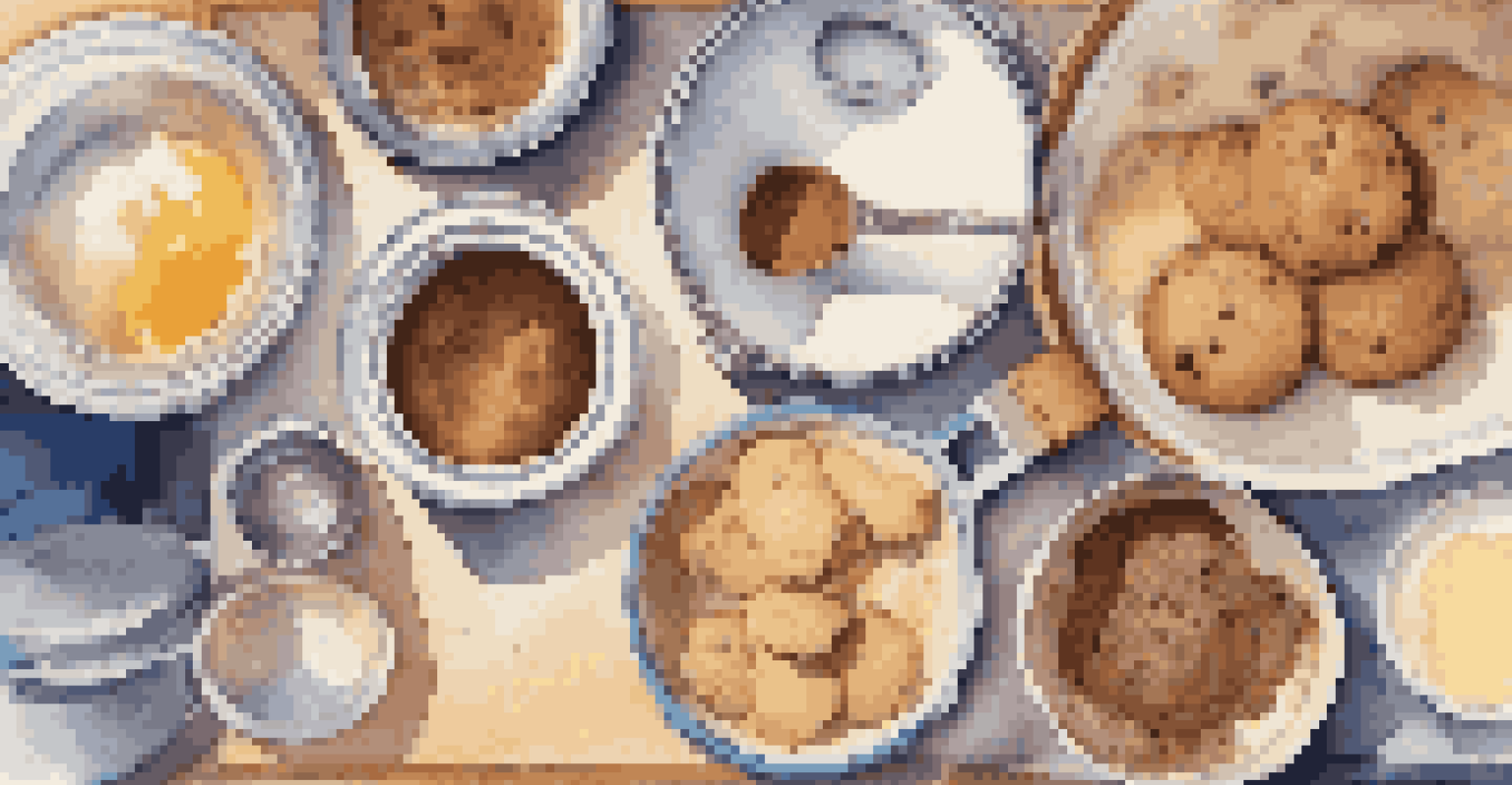 An overhead view of a kitchen table with baking utensils, measuring cups, and a mixing bowl of cookie dough, illuminated with warm lighting.