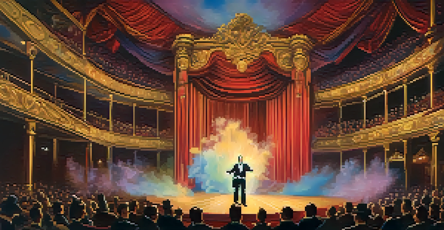 A magician performing on stage during the Golden Age of Magic, surrounded by vibrant stage lighting and captivated audience.
