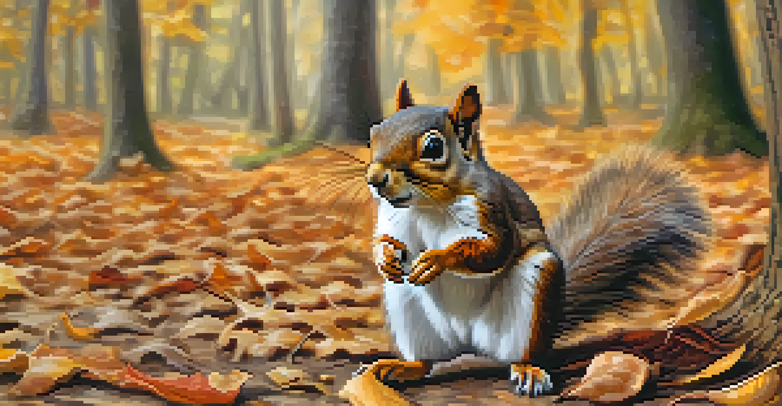 A detailed close-up of a squirrel among colorful autumn leaves, showcasing its fluffy fur and the blurred forest background.