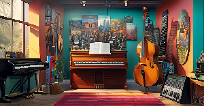 A colorful music studio where diverse musicians collaborate, surrounded by instruments and warm sunlight, showcasing their unique styles.