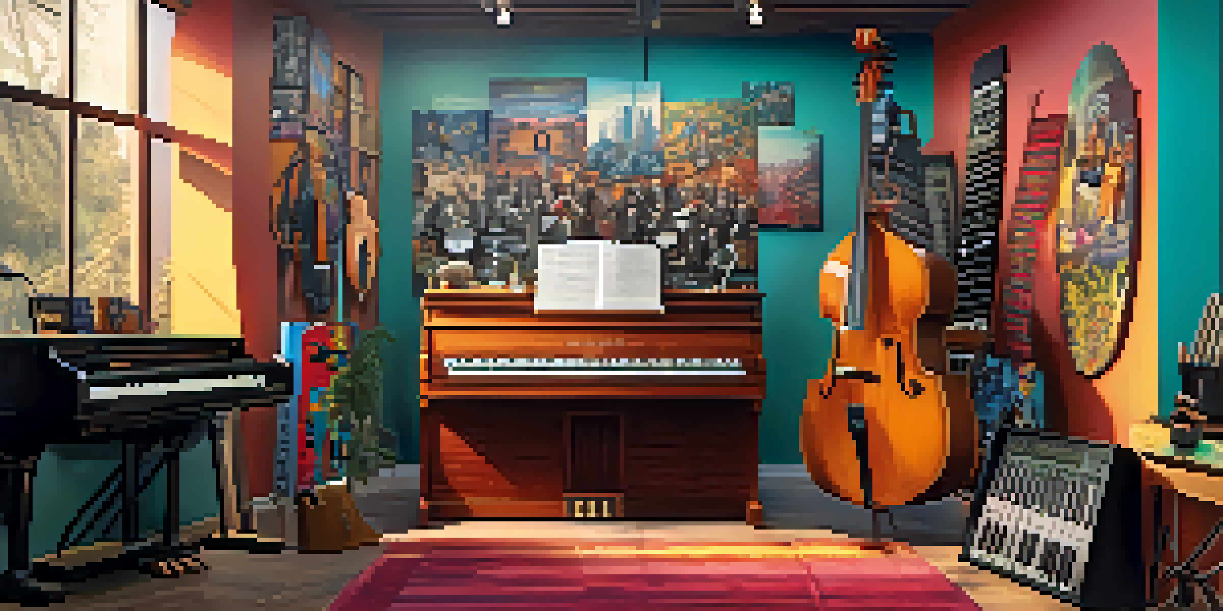 A colorful music studio where diverse musicians collaborate, surrounded by instruments and warm sunlight, showcasing their unique styles.