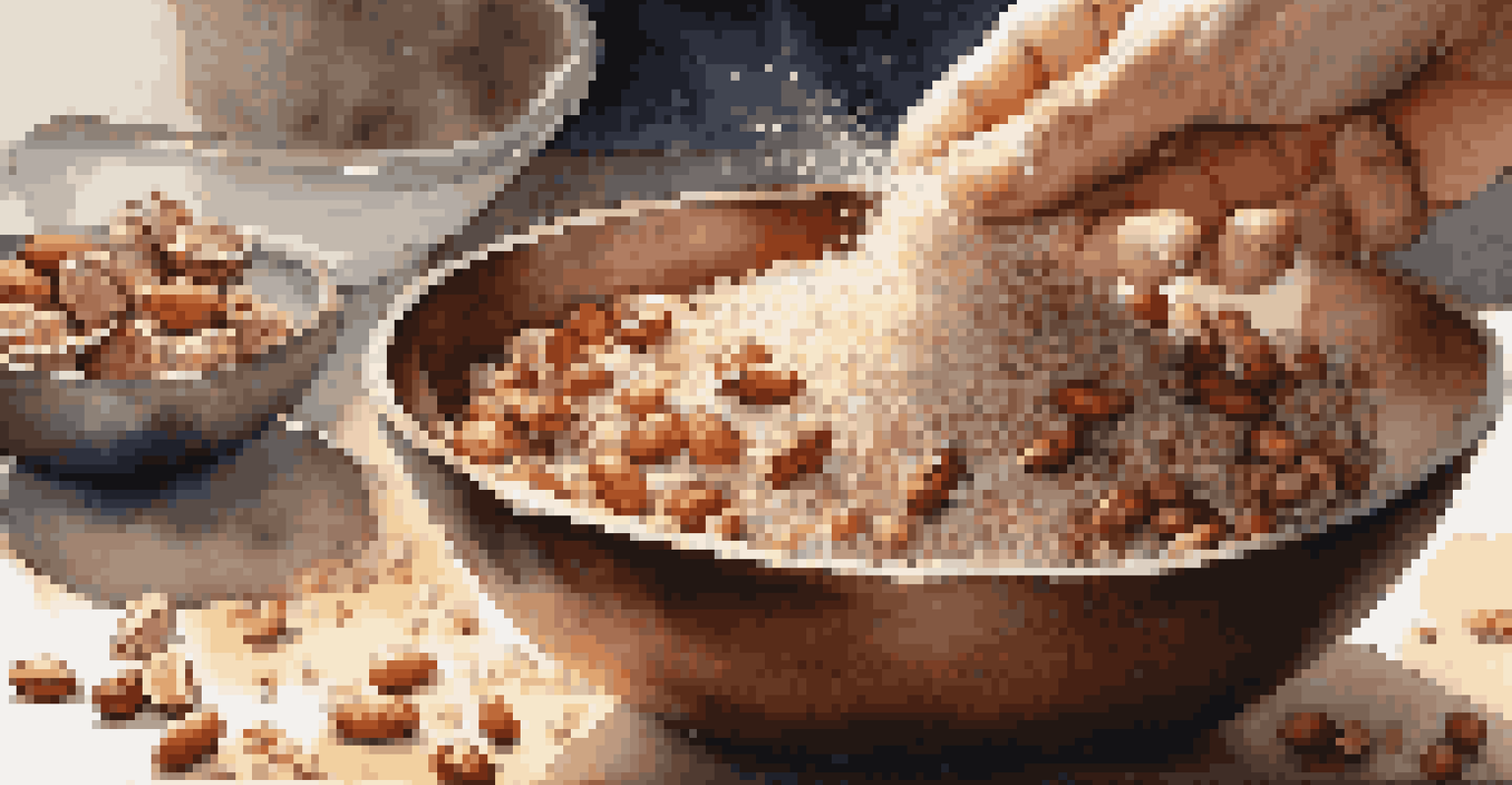 A close-up of a hand sprinkling salt over a bowl of freshly roasted nuts and seeds in a kitchen.