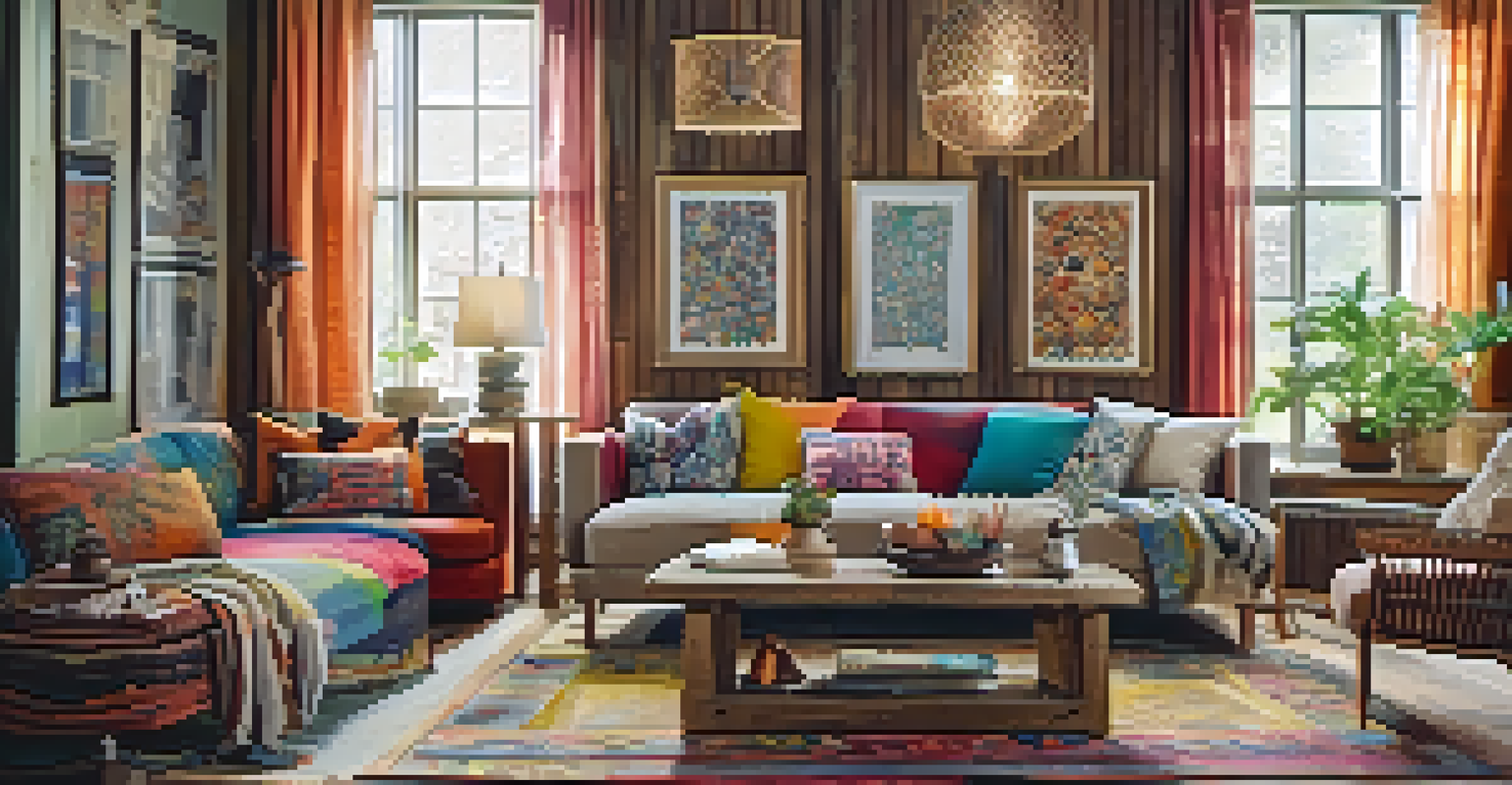 An eclectic living room with reclaimed wood furniture and colorful decor.