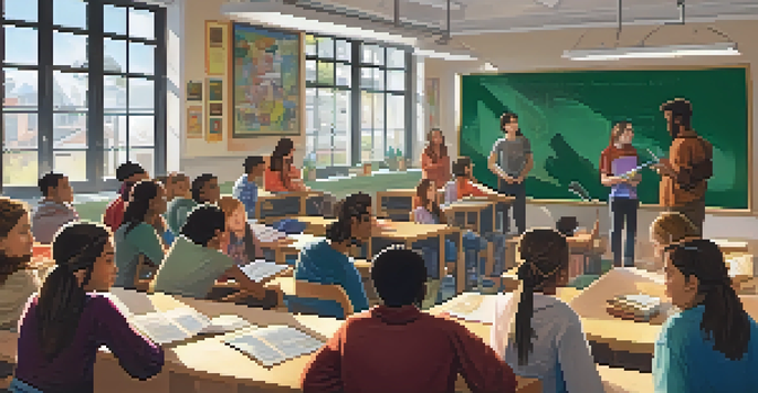 A classroom filled with students of diverse backgrounds engaged in a lively discussion about literature, with colorful posters and natural light.