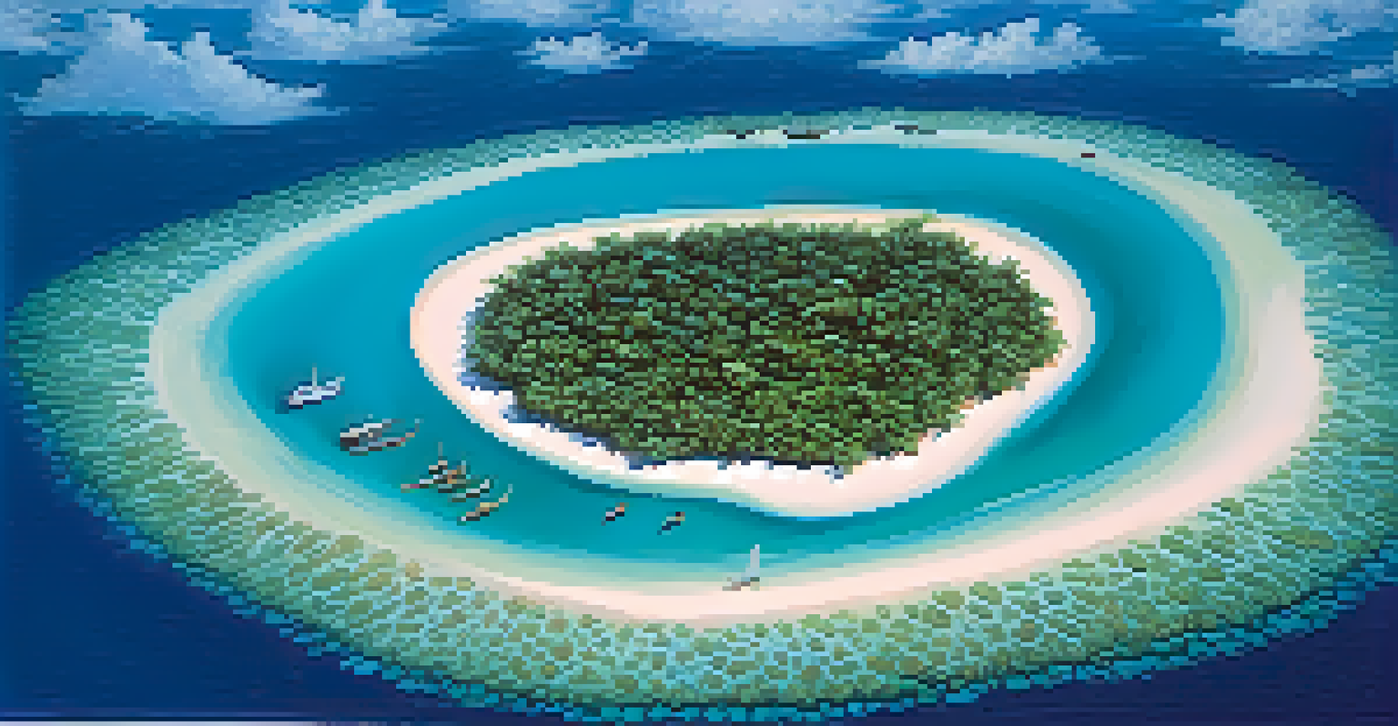 An aerial view of an atoll with a ring-shaped coral reef surrounding a turquoise lagoon and lush green islands.