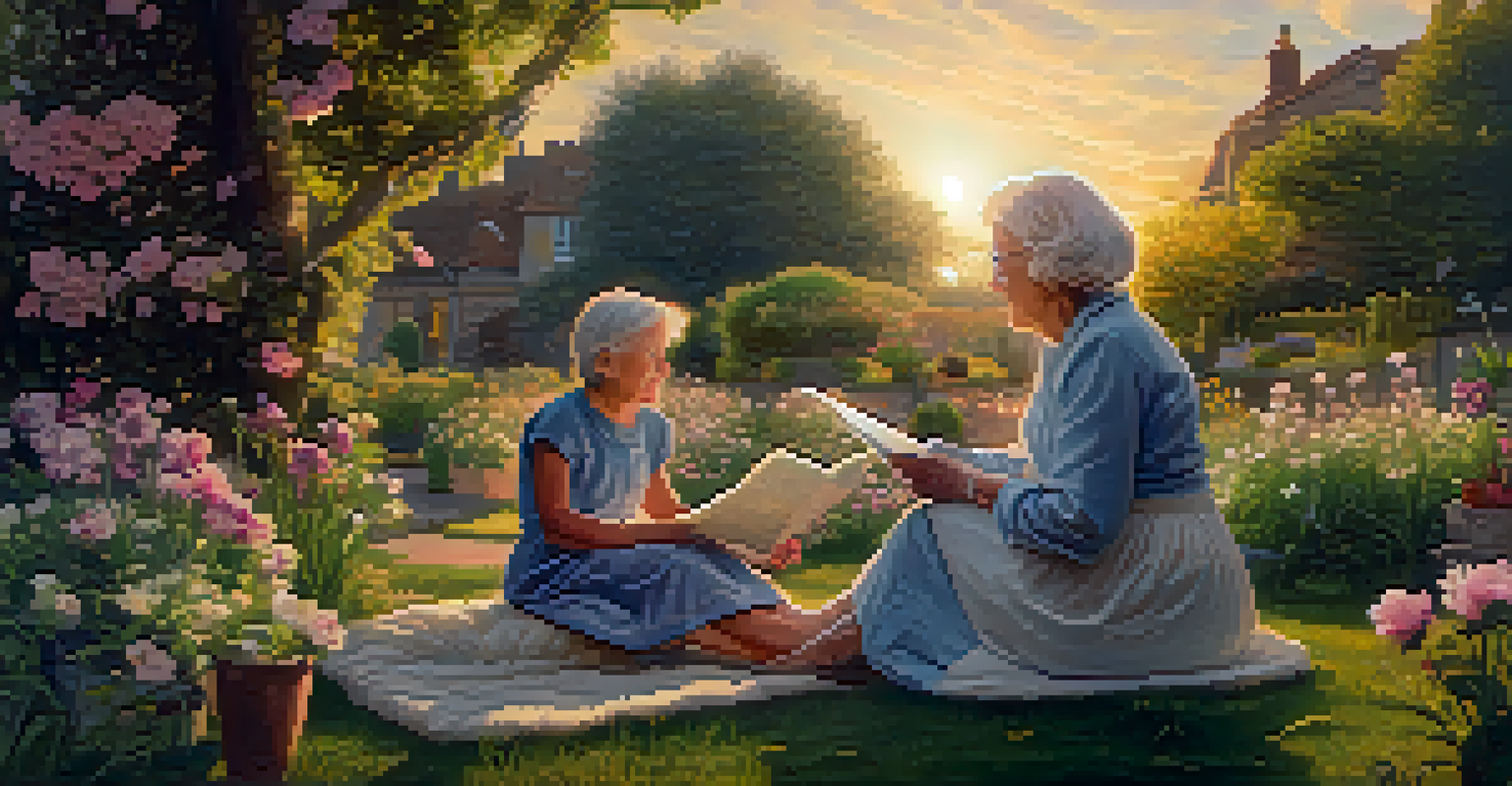 An elderly woman and her grandchild sharing stories while looking at a family tree chart in a blooming garden during sunset.
