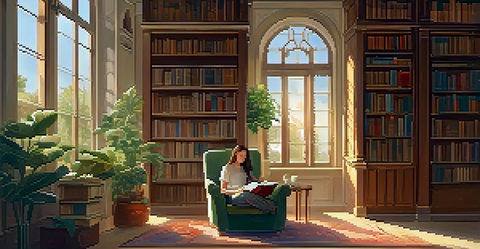 A cozy library scene with a person reading in an armchair, surrounded by books and plants, illuminated by soft sunlight.