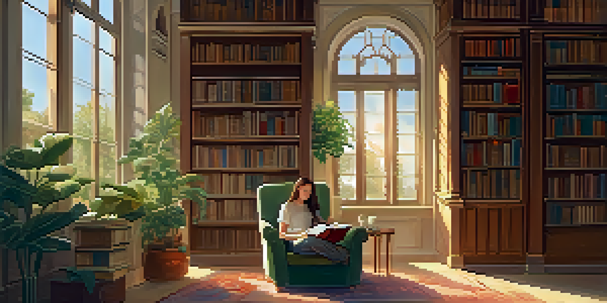 A cozy library scene with a person reading in an armchair, surrounded by books and plants, illuminated by soft sunlight.