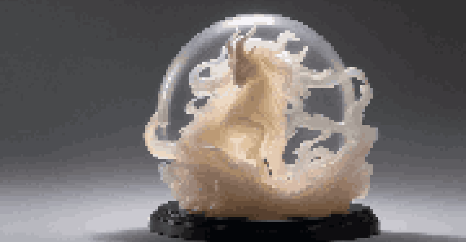 A backlit soap sculpture of a mythical creature, glowing with a halo effect against a dark surface, showcasing its translucence.