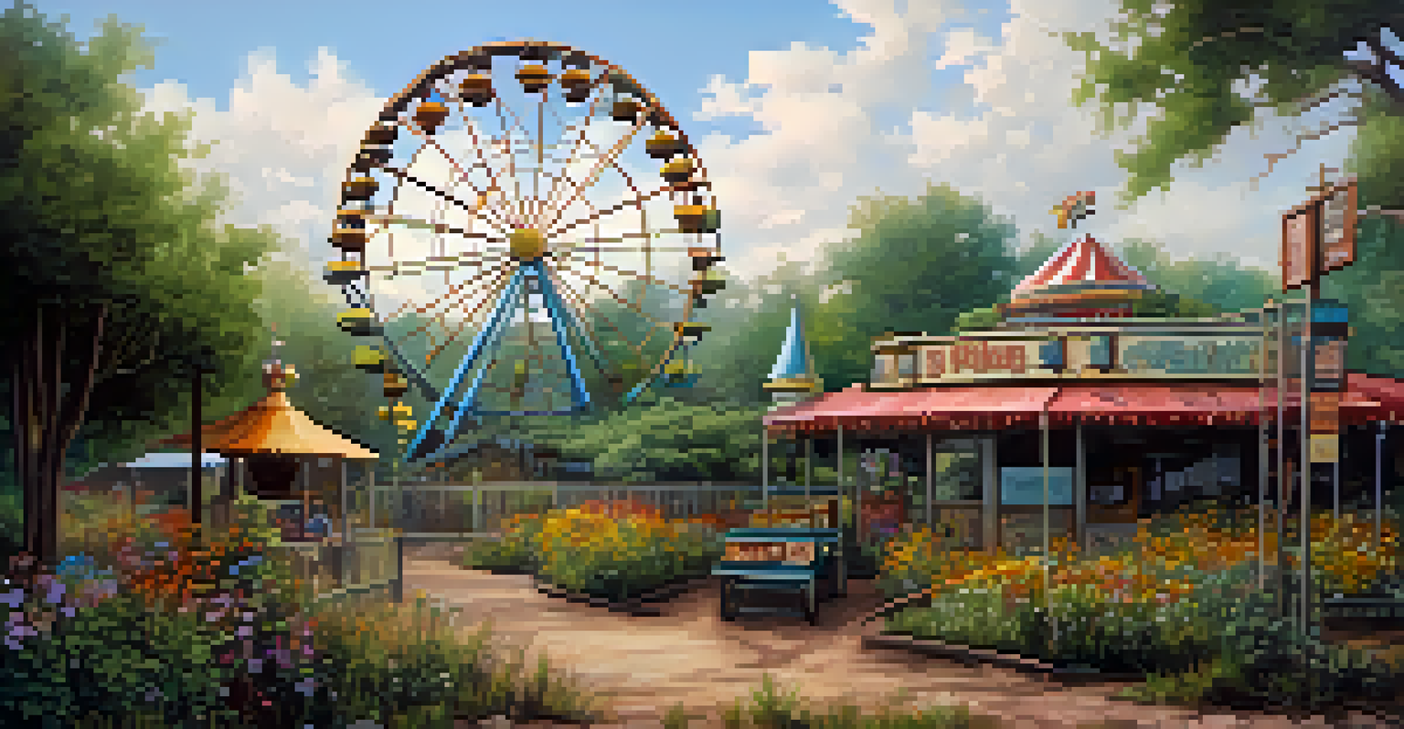 An abandoned amusement park with a rusty Ferris wheel and overgrown pathways, surrounded by nature.