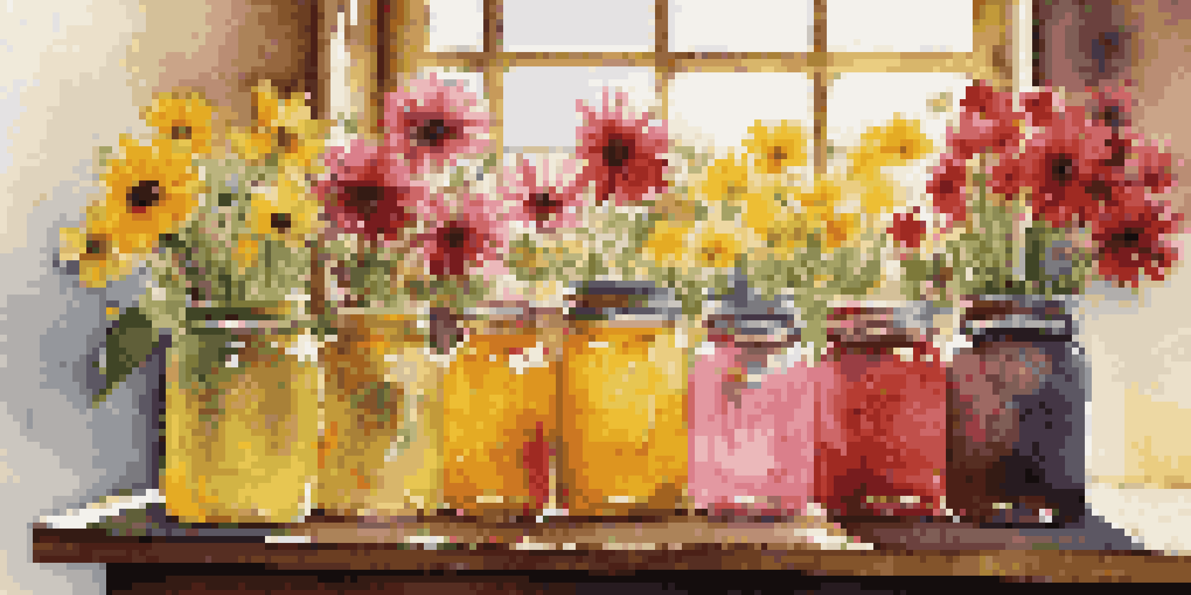 A rustic kitchen with colorful canning jars filled with seasonal flowers, arranged on a wooden table under warm sunlight.