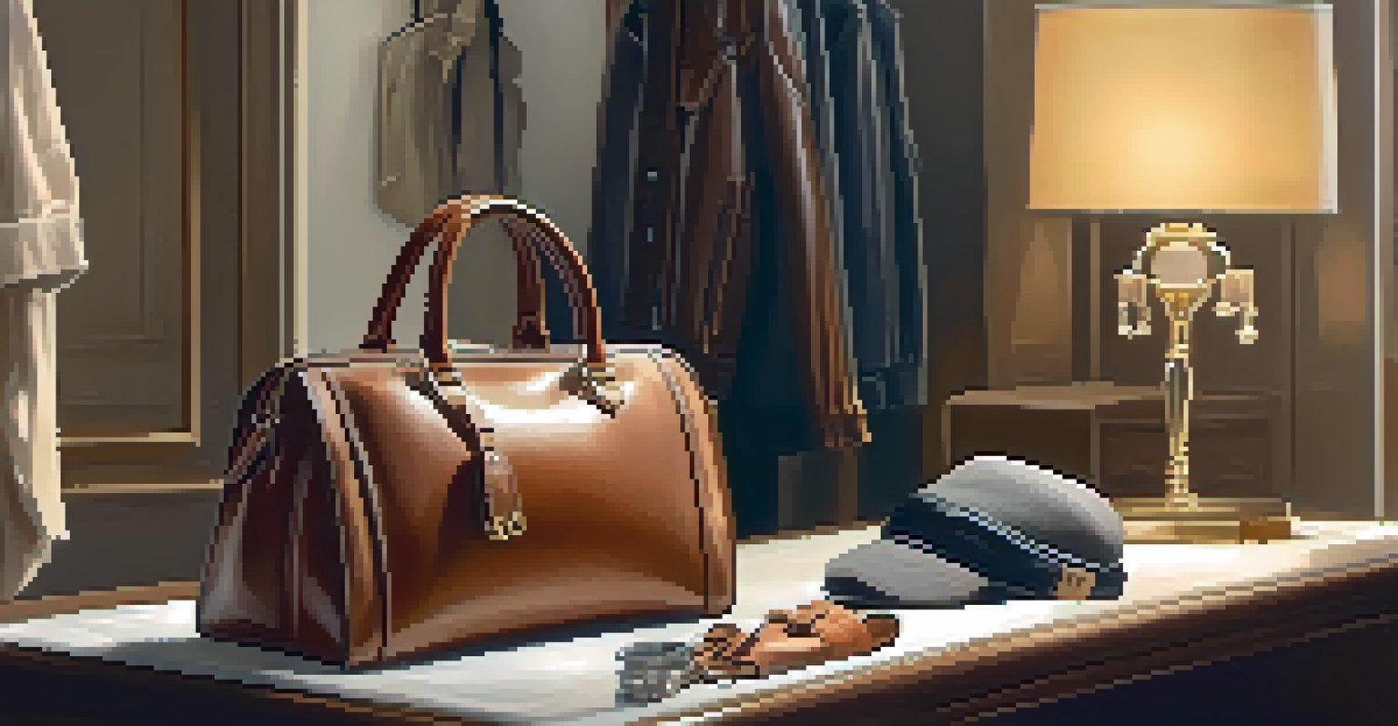 A person cleaning a leather bag with a soft cloth in a stylish dressing area, with warm lighting creating a cozy atmosphere.