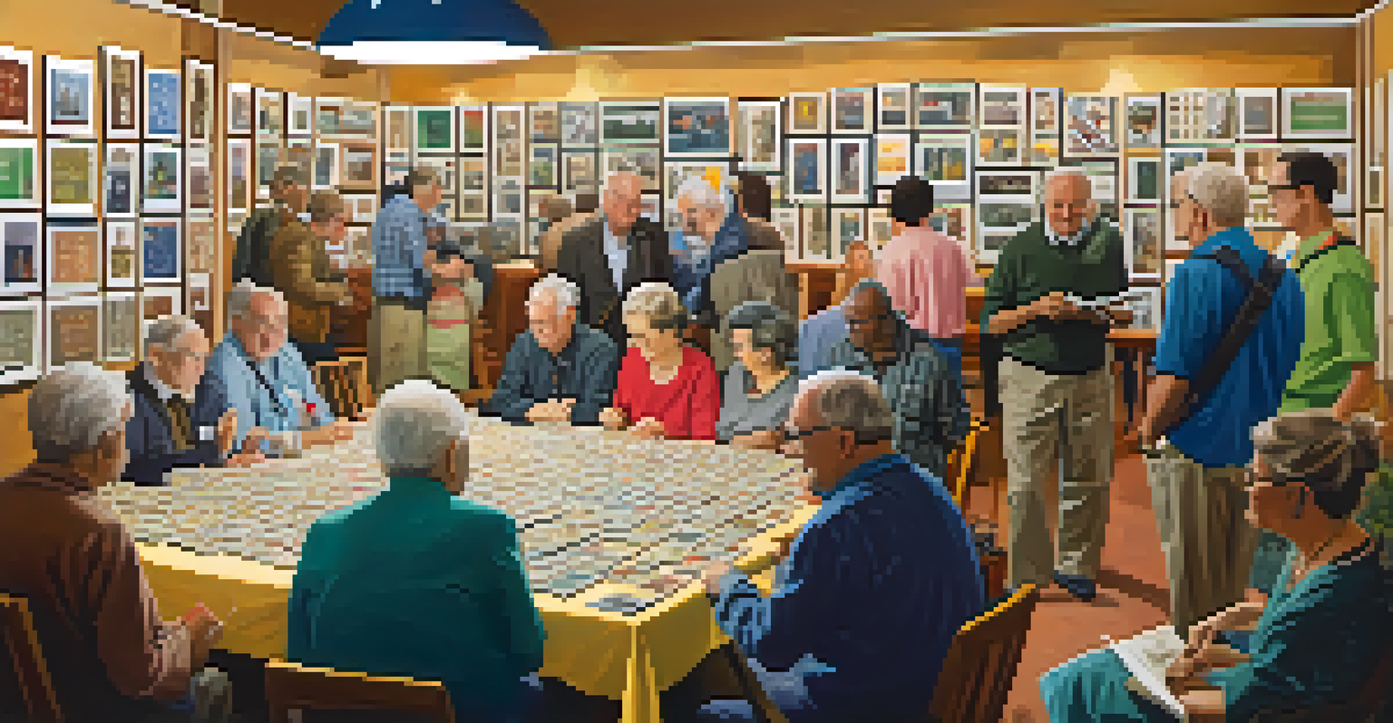 A lively stamp collecting club meeting with diverse members discussing their collections, surrounded by tables of stamps and bright decor.