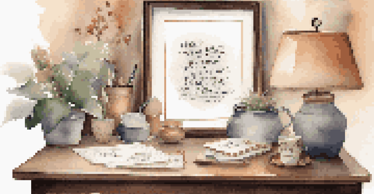 An elegant workspace with a wooden desk showcasing calligraphy art pieces, framed quotes, greeting cards, and a steaming cup of tea, surrounded by warm ambient lighting.