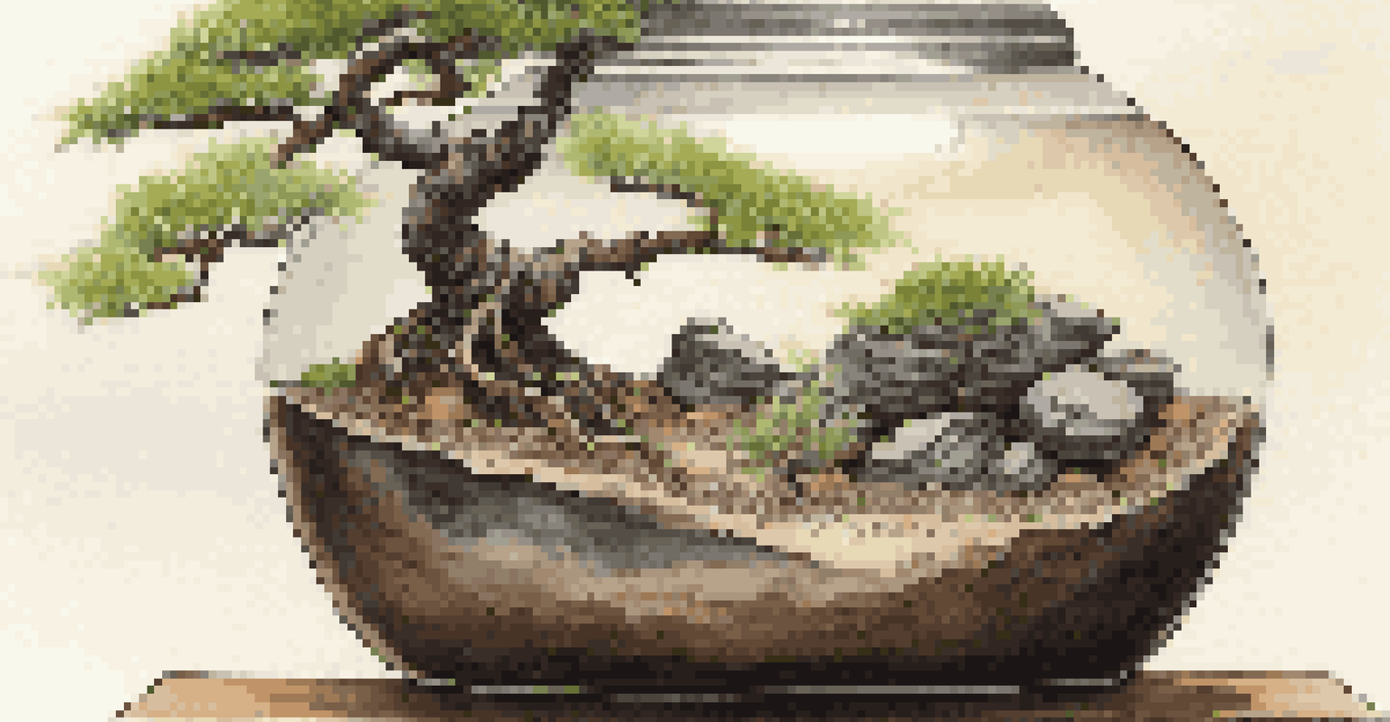 A close-up of a bonsai terrarium featuring layers of soil, charcoal, and drainage rocks with a Chinese Elm bonsai tree, softly lit.