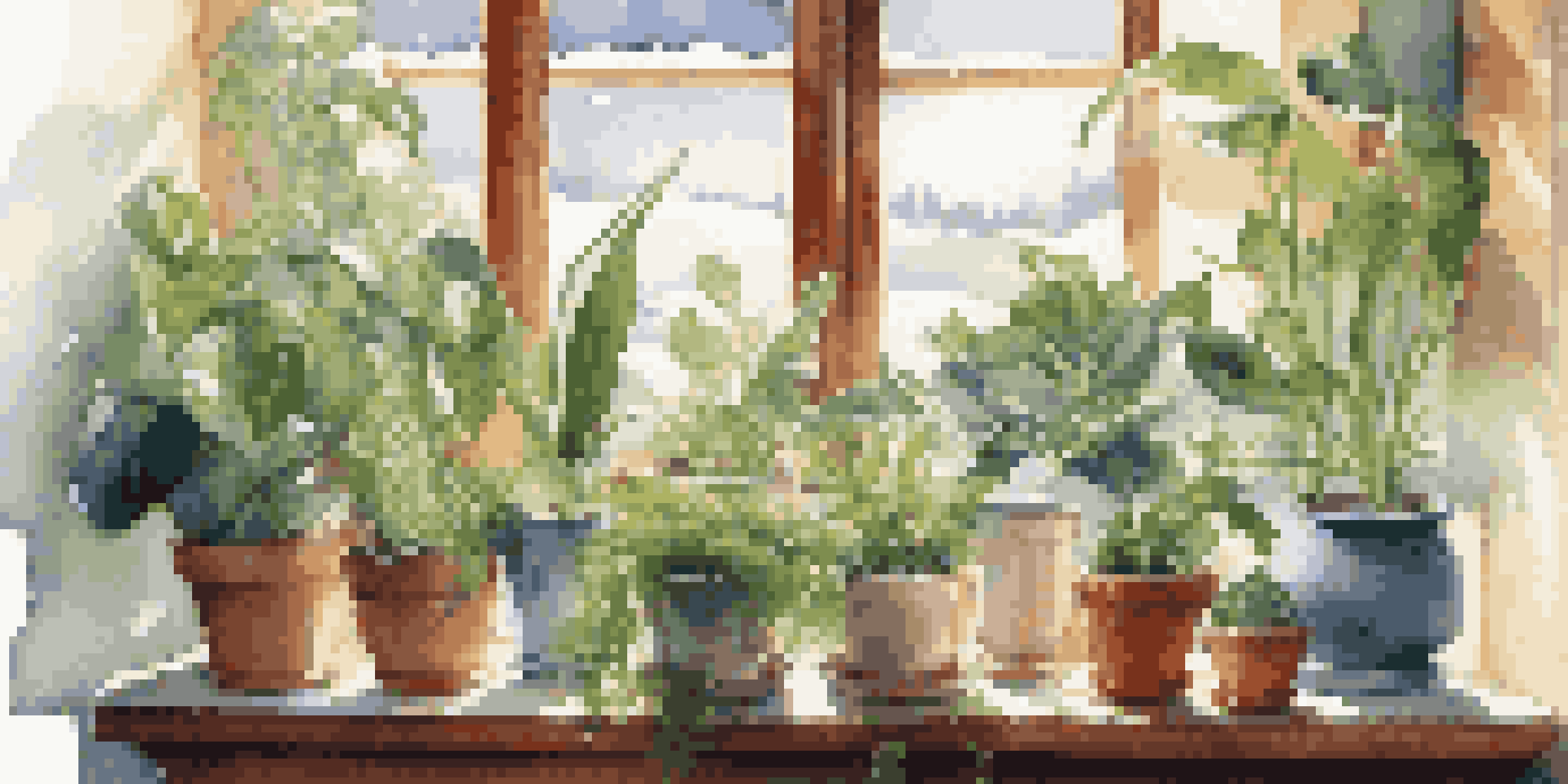 A cozy indoor scene with green houseplants on a windowsill, sunlight streaming in, and a snowy landscape outside.
