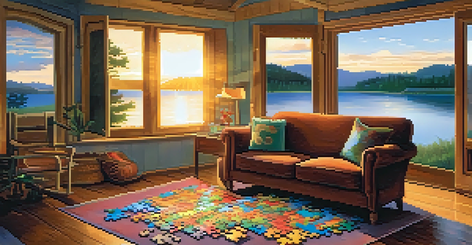 A wooden table with colorful jigsaw puzzle pieces and a partially completed sunset landscape puzzle in a cozy living room.