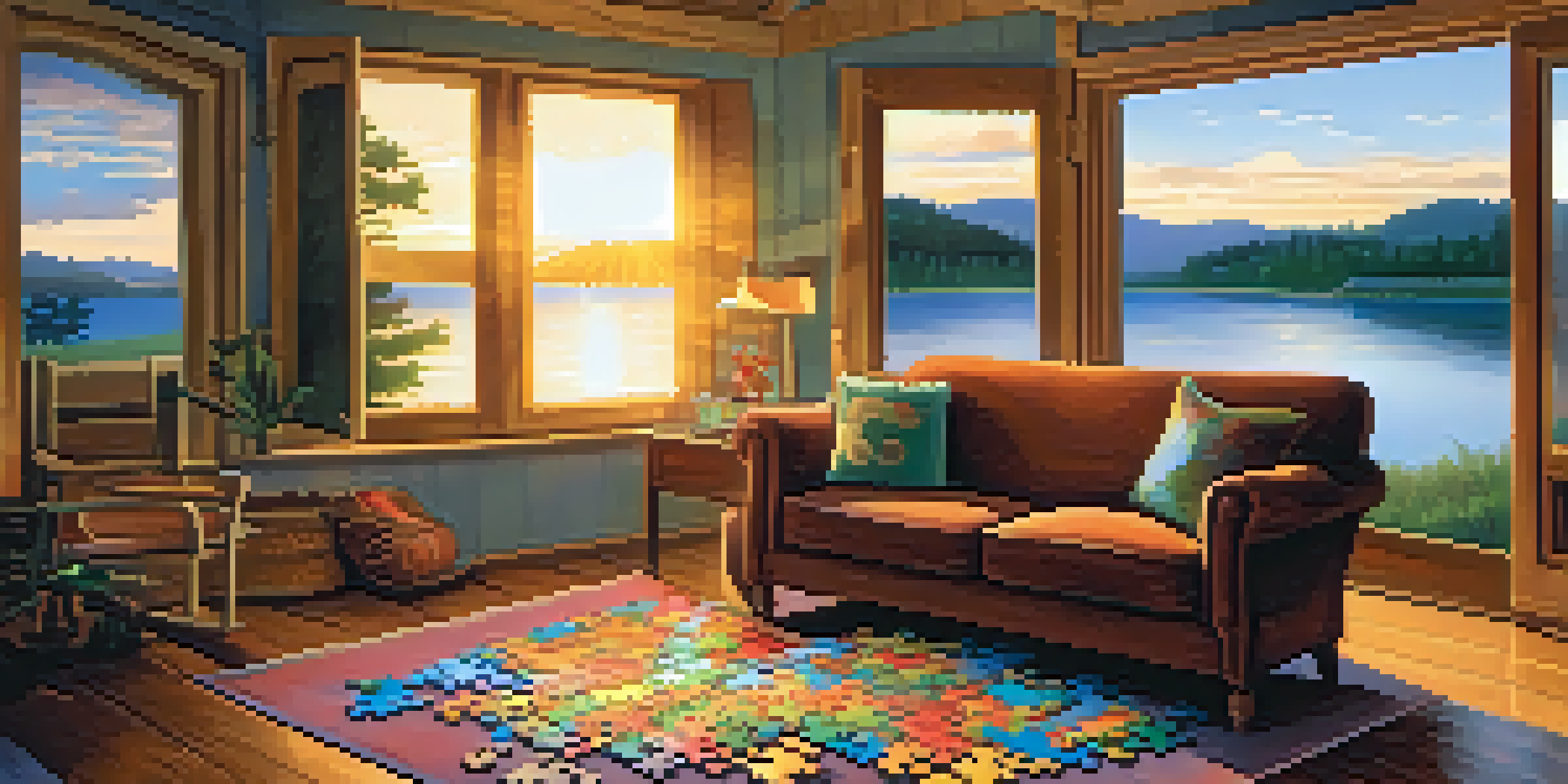 A wooden table with colorful jigsaw puzzle pieces and a partially completed sunset landscape puzzle in a cozy living room.