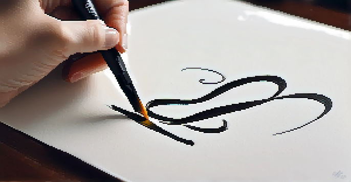 A close-up of a hand practicing brush lettering on textured paper, with a brush pen creating a swirling letter 'A' in vibrant ink.