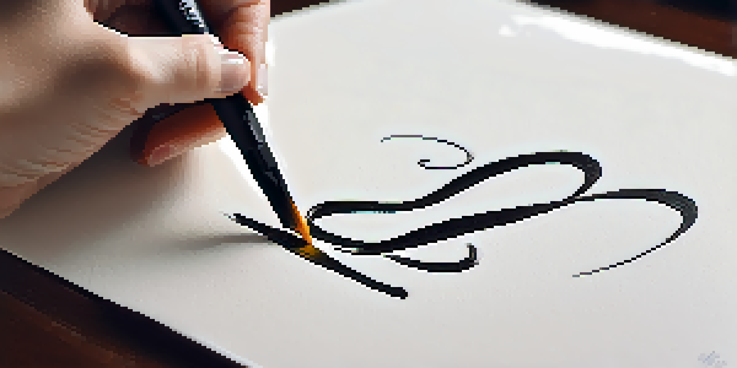 A close-up of a hand practicing brush lettering on textured paper, with a brush pen creating a swirling letter 'A' in vibrant ink.