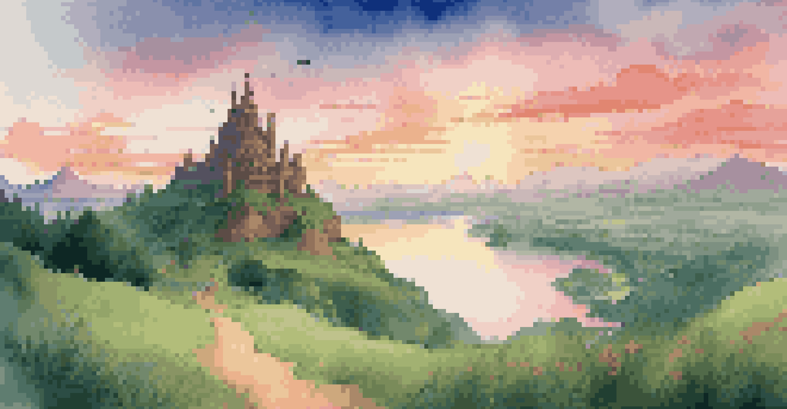 A scenic view of Hyrule with rolling hills, a lake, and a castle at sunset, featuring Link exploring the landscape.