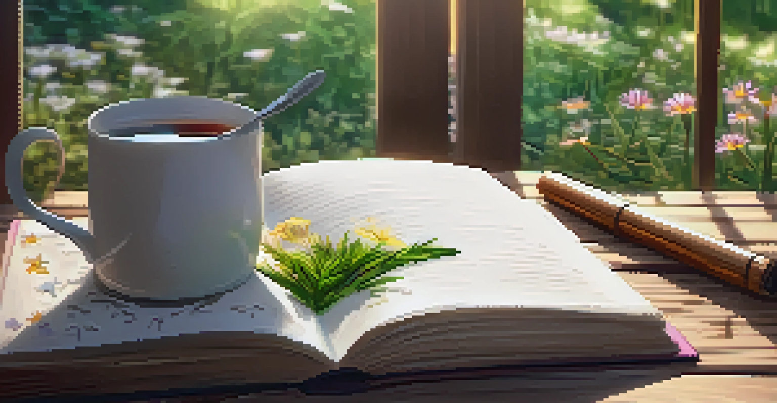 A nature journal open on a table with sketches and notes, a cup of tea beside it, set in a beautiful garden.