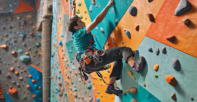 A determined rock climber navigating a colorful indoor climbing wall, illuminated by natural light from large windows.