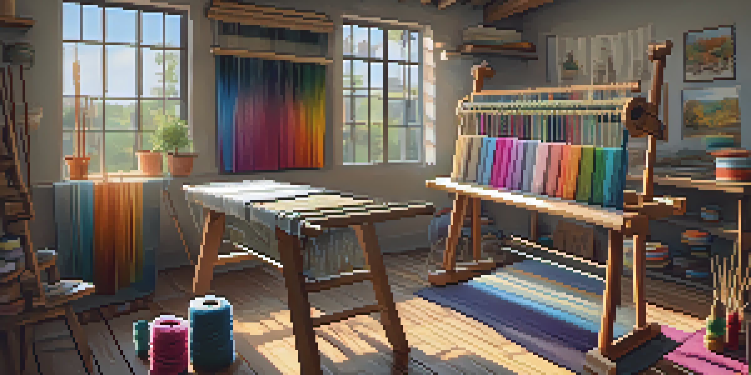 A bright and inviting weaving studio with a wooden loom and colorful yarns, featuring a sketchbook with a floral rug design.