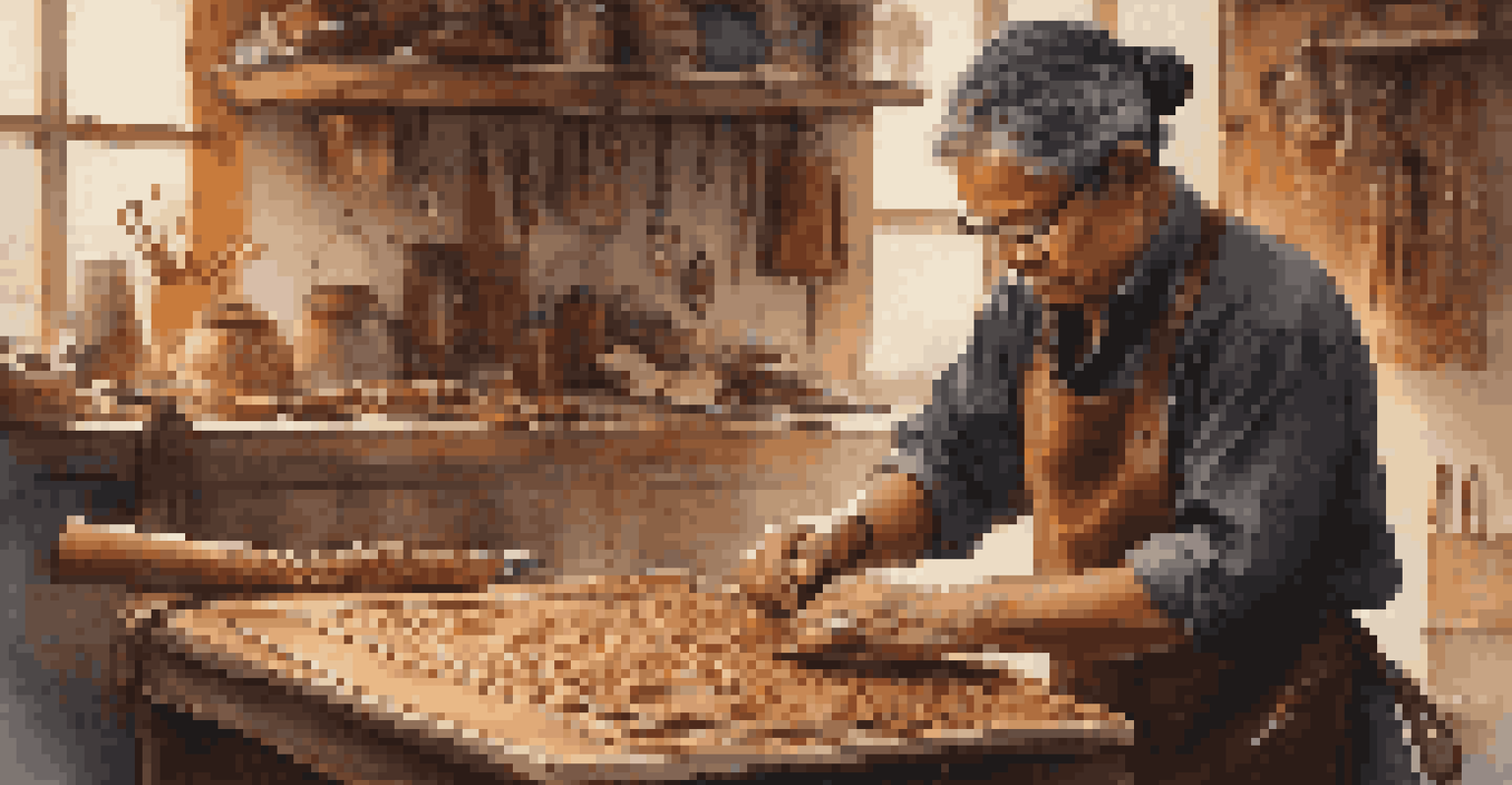 An artisan embossing leather jewelry, showcasing focused craftsmanship and various tools in a warm-lit workspace.