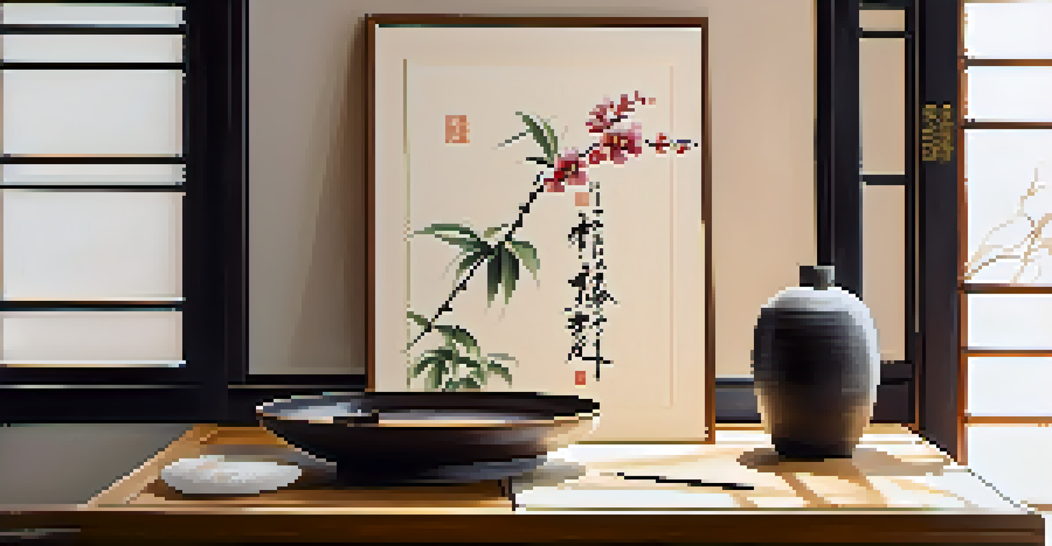 A traditional Chinese calligraphy setup with a brush and ink stone on a wooden table, illuminated by natural light and featuring an orchid plant.