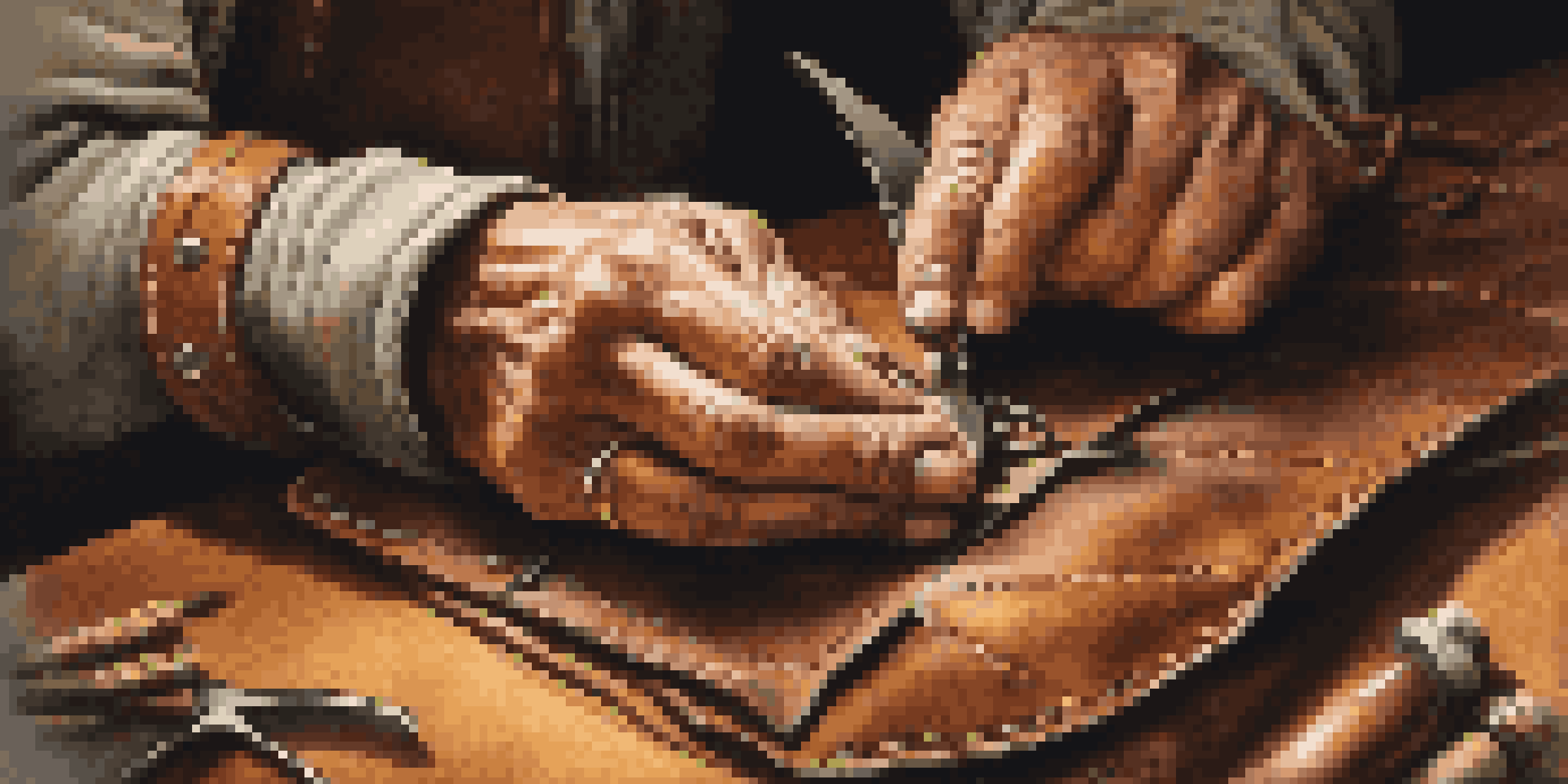 An artisan's hands stitching leather on a wooden table, with tools and rich leather textures visible.