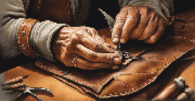 An artisan's hands stitching leather on a wooden table, with tools and rich leather textures visible.