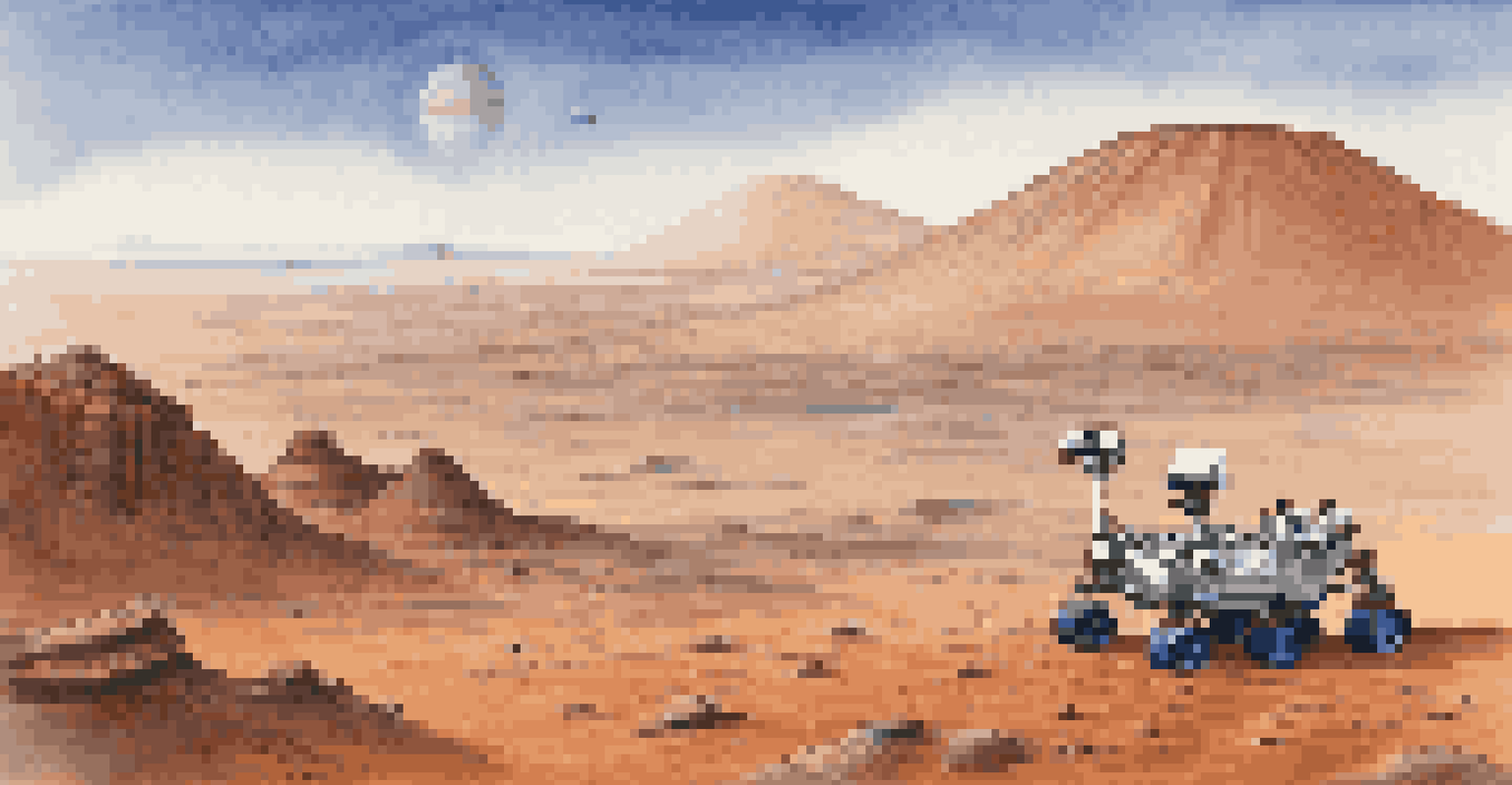 NASA's Perseverance rover exploring the red terrain of Mars with Olympus Mons in the background.