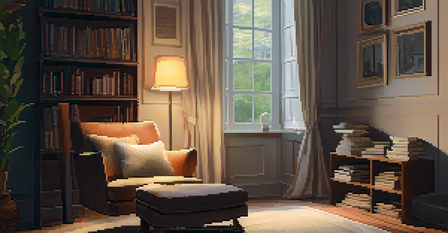 A cozy room corner with an armchair, poetry books on a table, and a warm lamp, with rain visible outside the window.