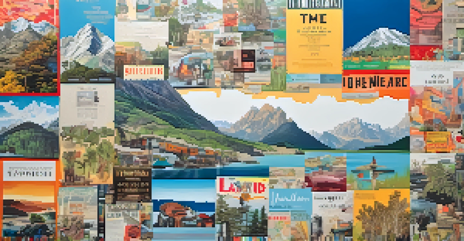 A vibrant collage artwork made from magazine cutouts, showcasing themes of nature and travel on a large canvas.