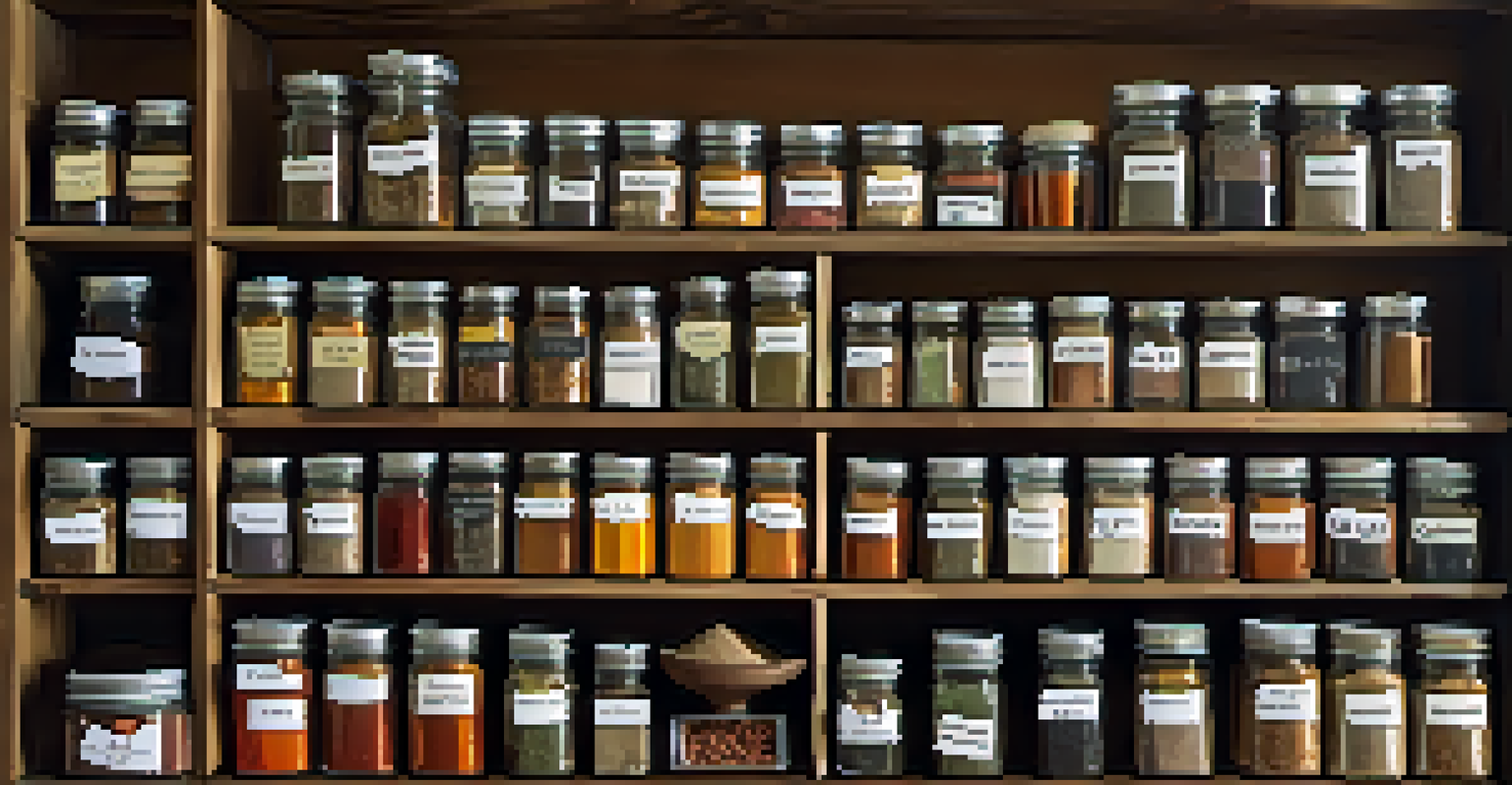 A well-organized spice rack with labeled jars of various dried spices, illuminated by soft light.