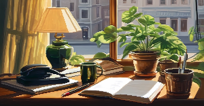 A vintage wooden desk with an open notebook and fountain pen, warm light coming from a window, a cup of tea, and a potted plant.