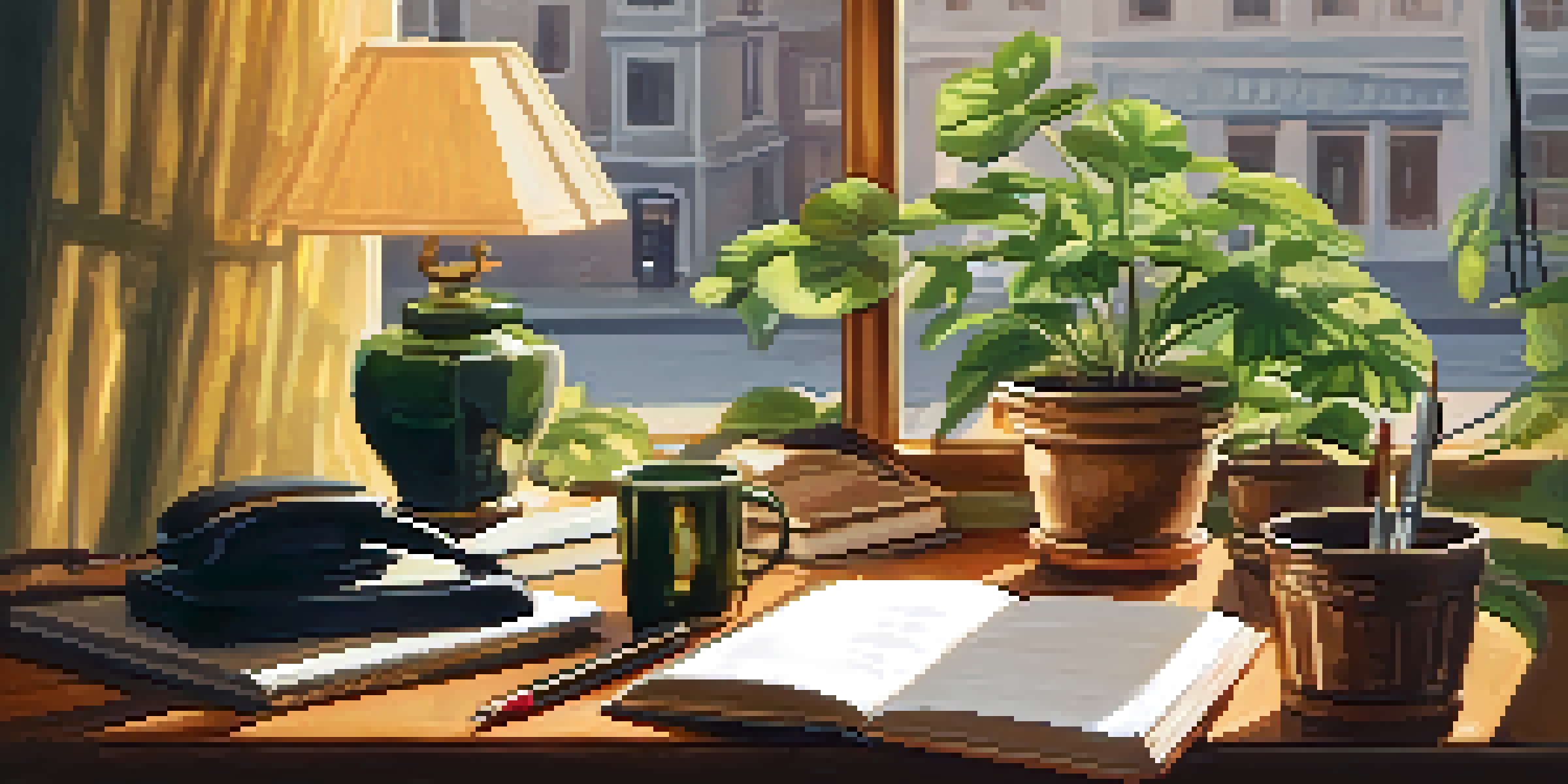 A vintage wooden desk with an open notebook and fountain pen, warm light coming from a window, a cup of tea, and a potted plant.